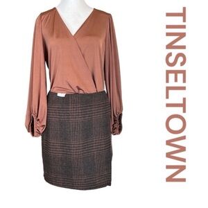 TINSELTOWN Plaid Mock Wrap Skirt from Macy's in Chocolate and Black, Size L.